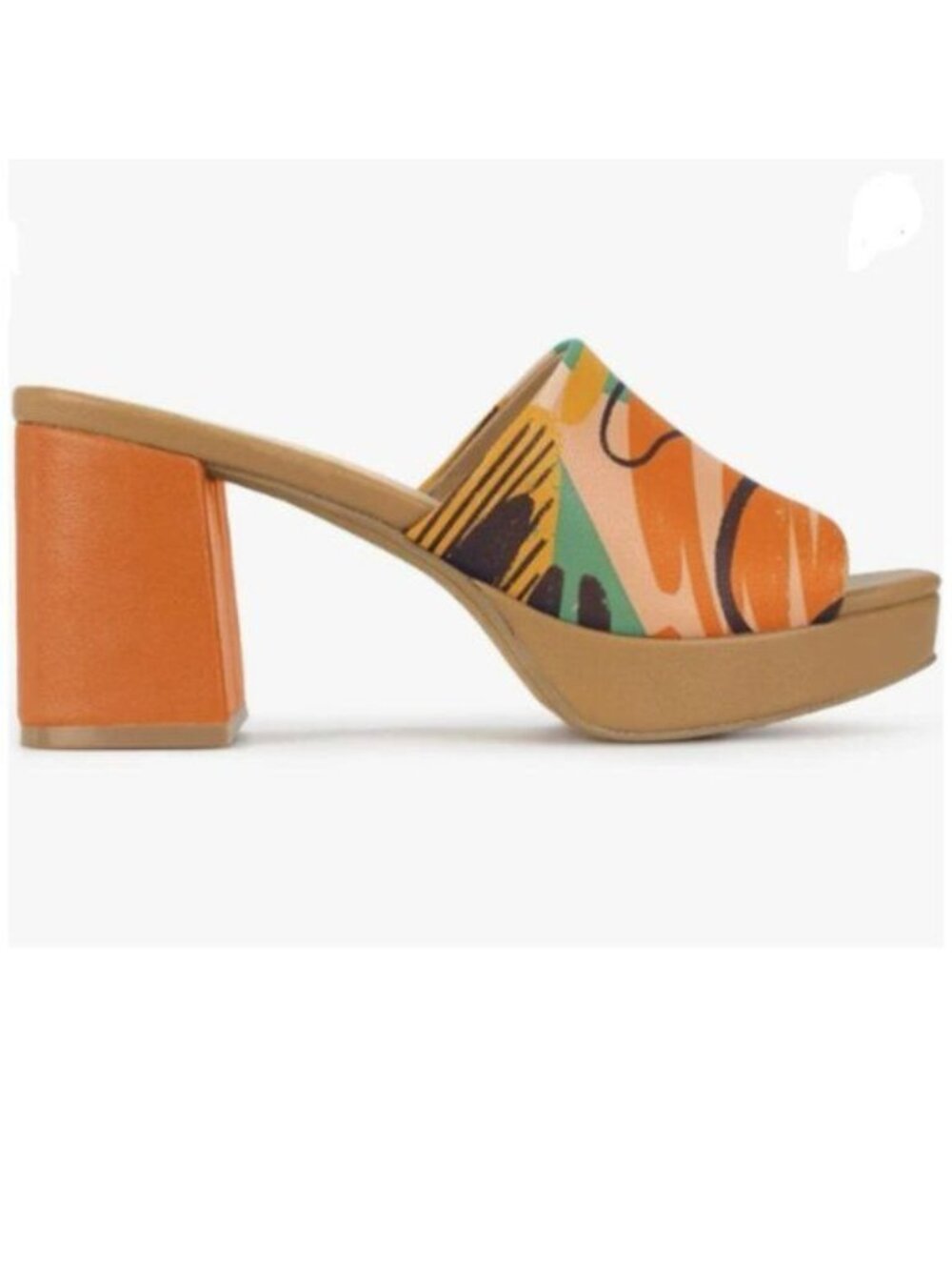 FOWT Women Printed Pattern High Chunky Heels Mules Platform Square Toe Fruit